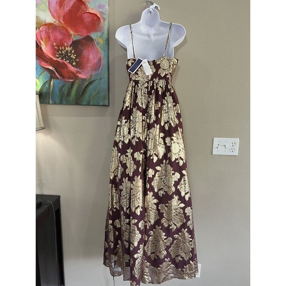 Dear Moon Formal Dress Sz 3 Burgundy‎ Metallic Gold Floral Print Maxi V-Neck - Picture 6 of 10